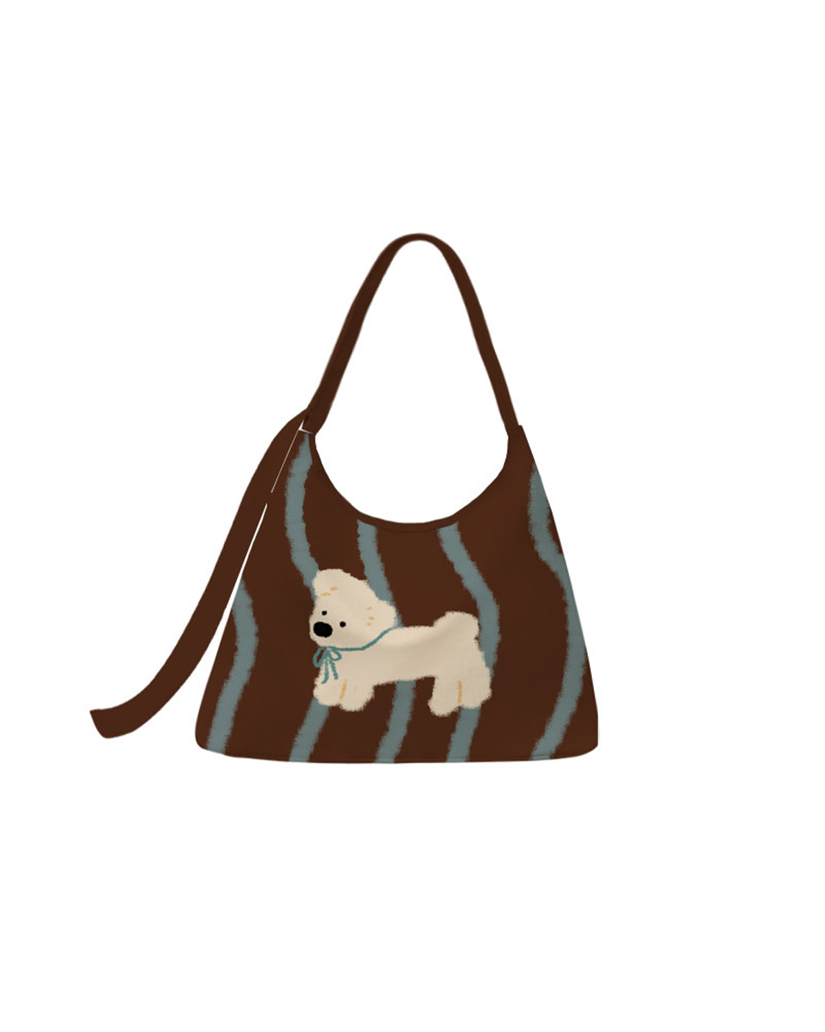 ふわふわな子犬の刺繍入りストライプショルダーバッグ　調節可能なショルダーストラップ付き大容量トートバッグ　カジュアル・通勤用エコバッグ