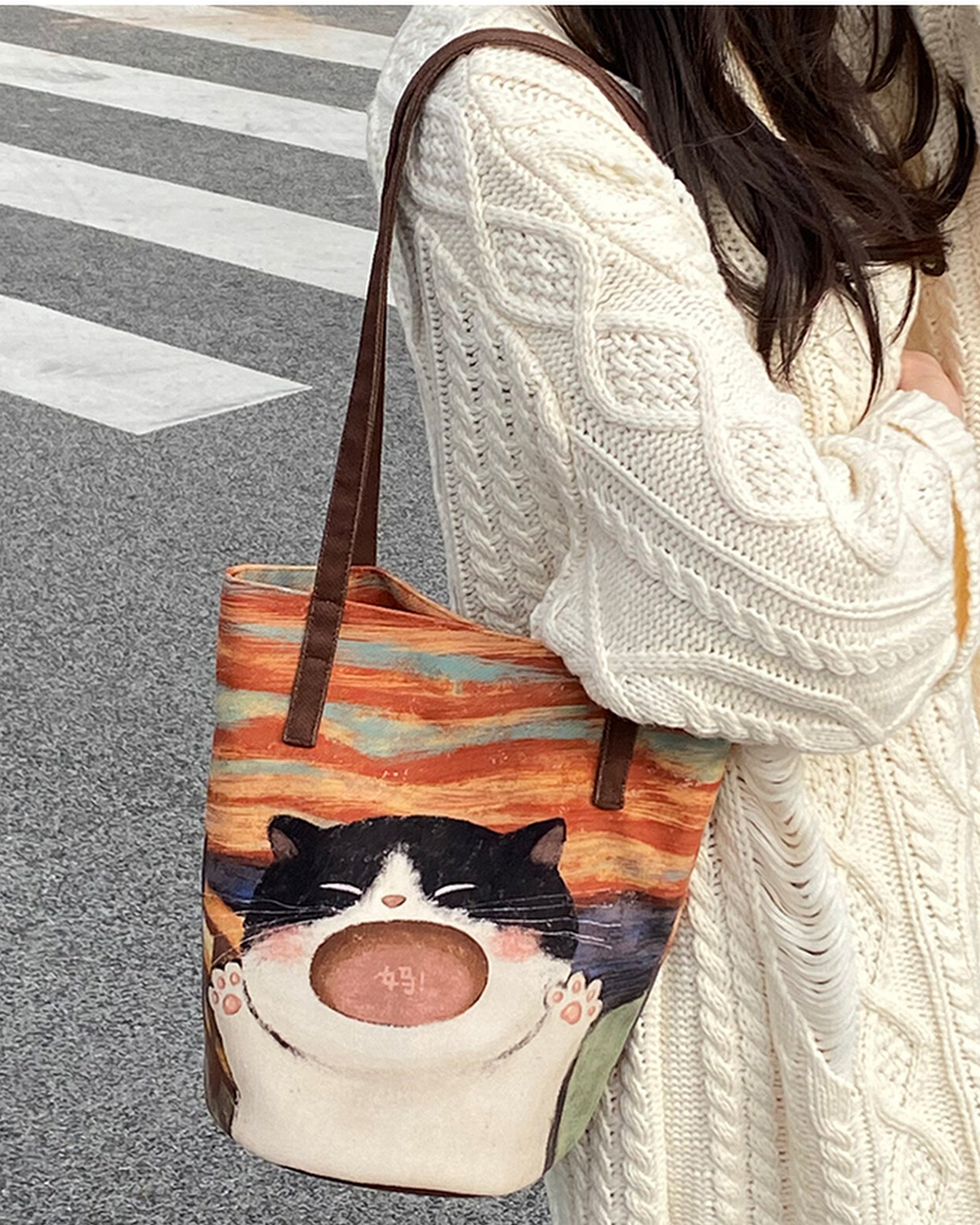 レトロな油絵風「叫び」猫柄バケツ型トートバッグ　日本風のかわいい大容量ショルダーキャンバスバッグ