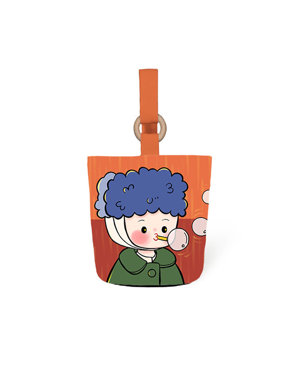 お持ちの画像からオーダーメイドできる、名画をモチーフにしたキャラクター風バケツバッグ。厚手のツイル生地とフリース素材、木製リングをあしらったハンドバッグ。可愛いイラスト入りの携帯収納用ショルダーバッグ