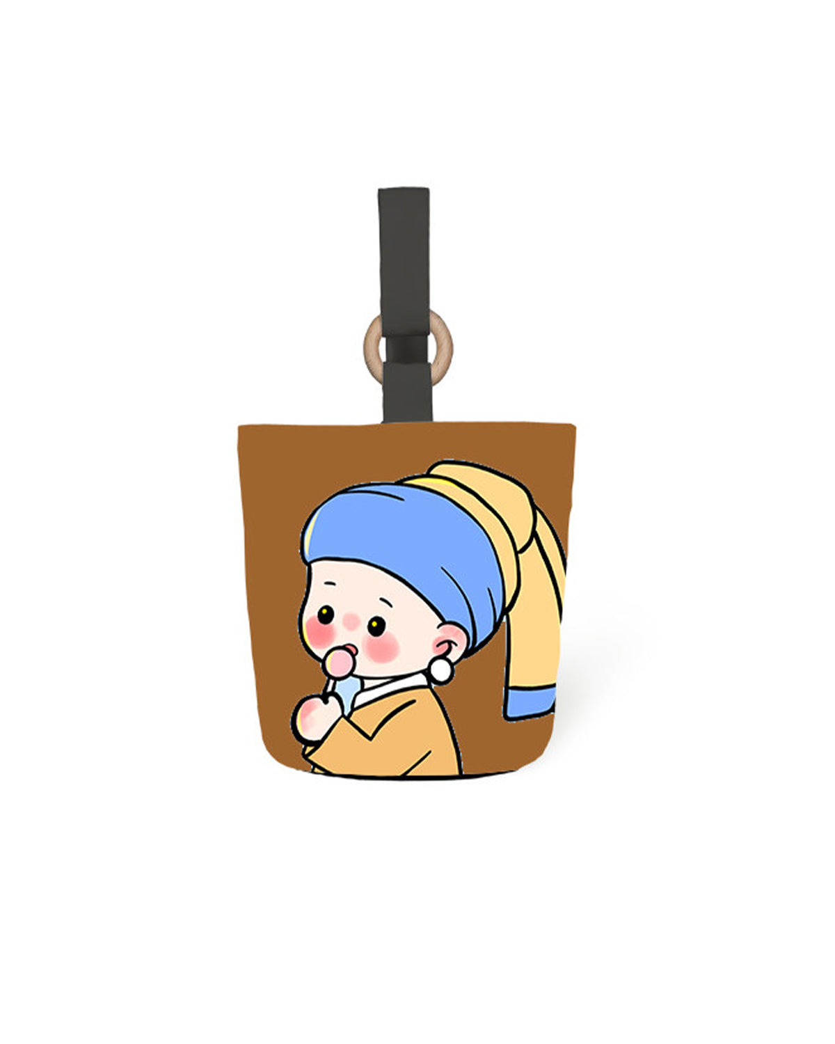 お持ちの画像からオーダーメイドできる、名画をモチーフにしたキャラクター風バケツバッグ。厚手のツイル生地とフリース素材、木製リングをあしらったハンドバッグ。可愛いイラスト入りの携帯収納用ショルダーバッグ