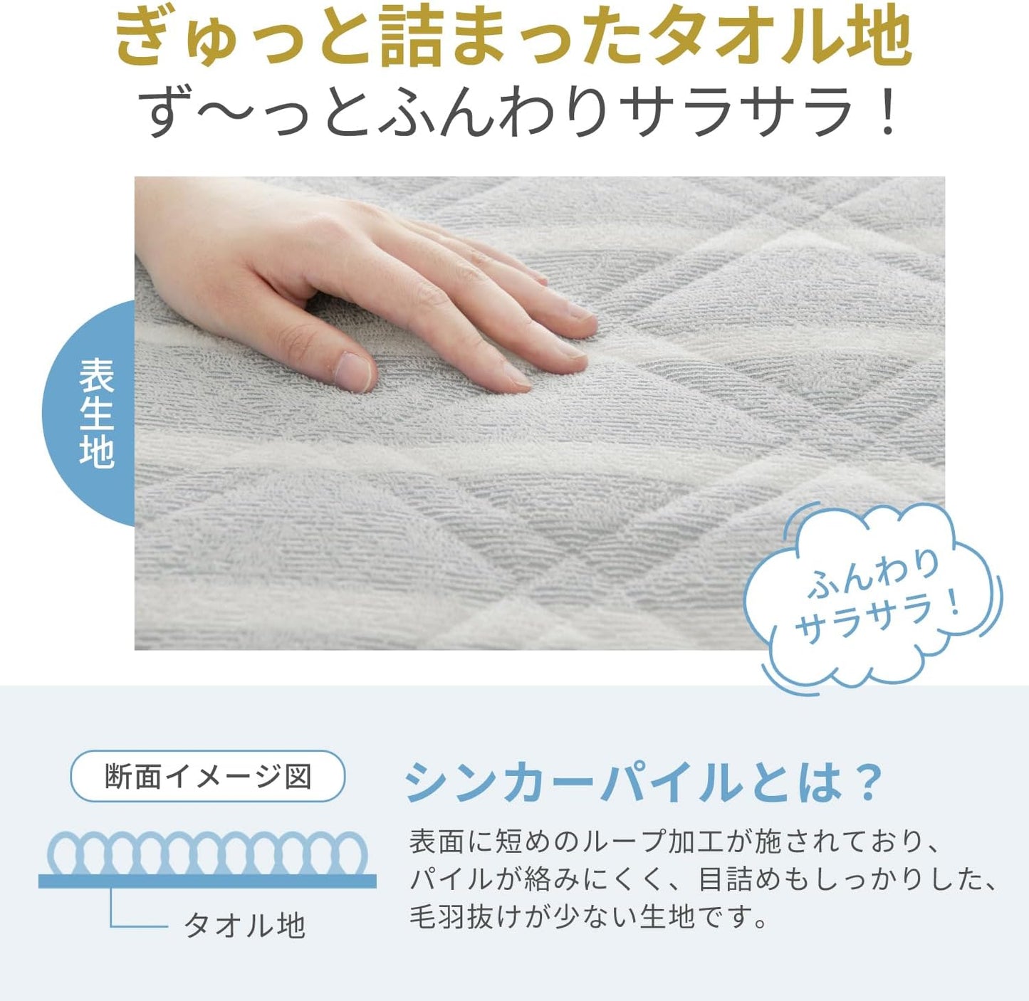 パイル地 吸湿速乾 敷きパッド シングル オールシーズン 洗える タオル地 ベッドパッド ふんわり サラサラ 四隅にゴム付き おぼろストライプ しきぱっと