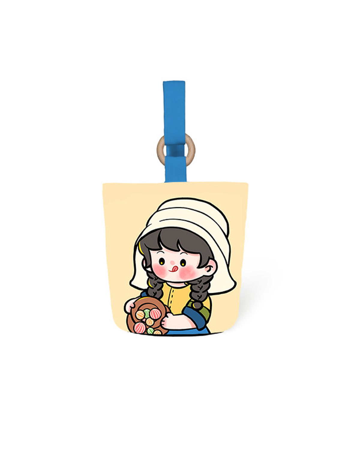 お持ちの画像からオーダーメイドできる、名画をモチーフにしたキャラクター風バケツバッグ。厚手のツイル生地とフリース素材、木製リングをあしらったハンドバッグ。可愛いイラスト入りの携帯収納用ショルダーバッグ