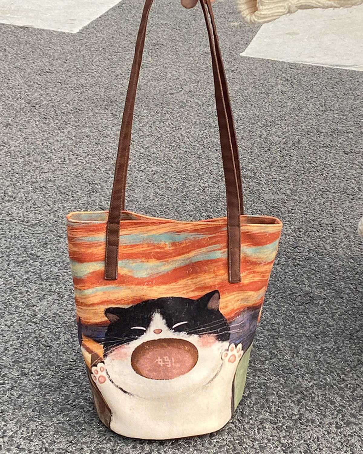レトロな油絵風「叫び」猫柄バケツ型トートバッグ　日本風のかわいい大容量ショルダーキャンバスバッグ