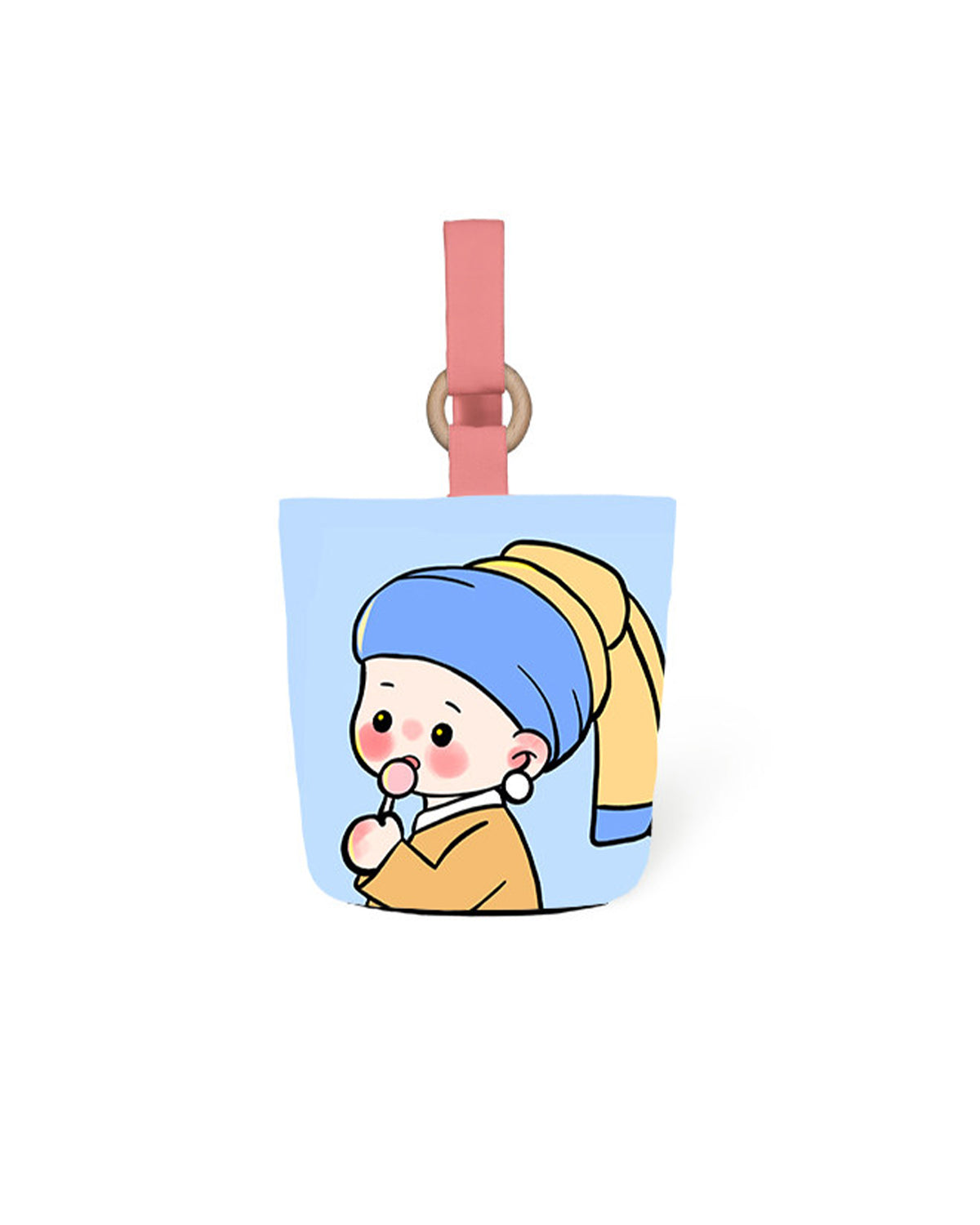 お持ちの画像からオーダーメイドできる、名画をモチーフにしたキャラクター風バケツバッグ。厚手のツイル生地とフリース素材、木製リングをあしらったハンドバッグ。可愛いイラスト入りの携帯収納用ショルダーバッグ