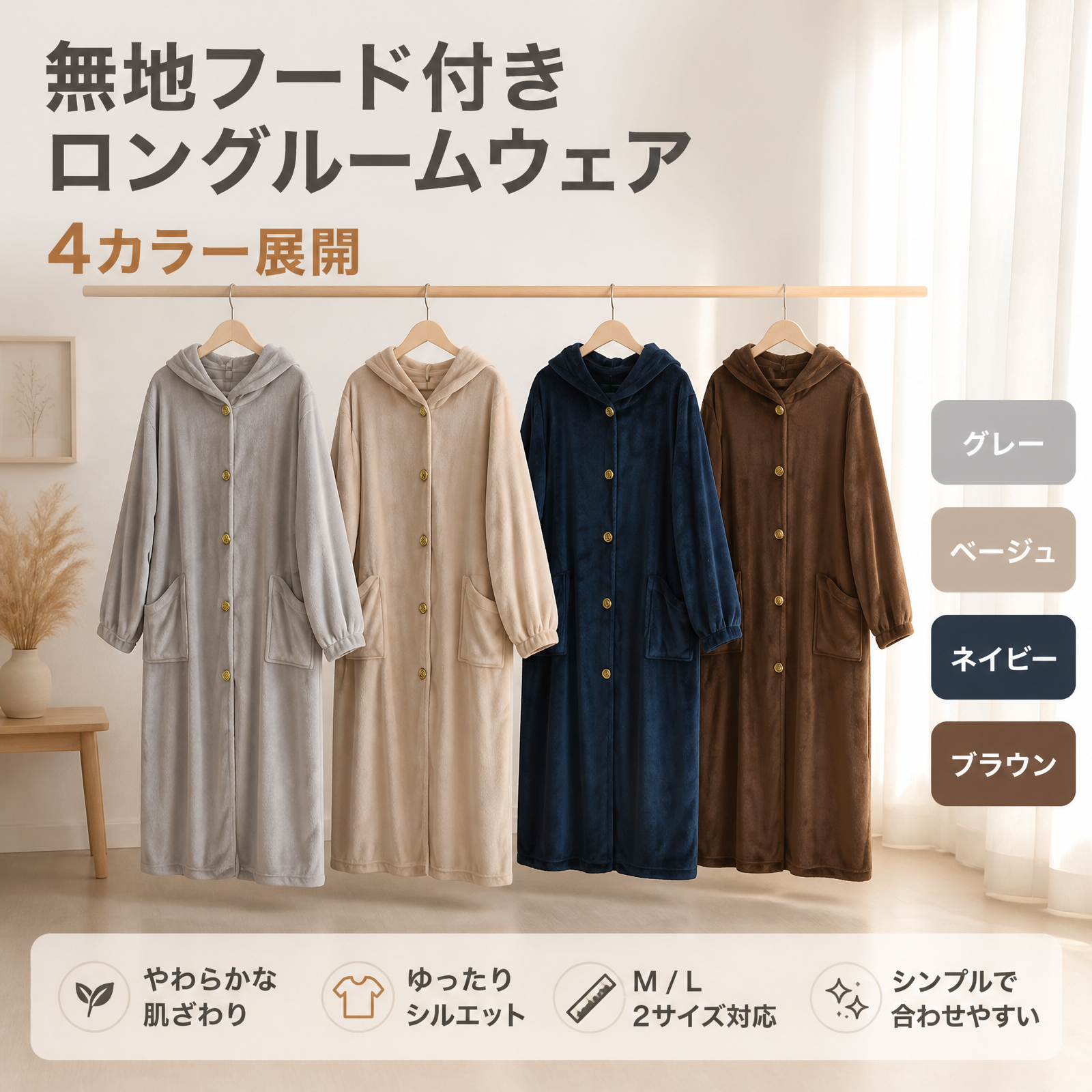 厚手フランネル フード付きロングガウン　和風無地 ゆったりフロントボタン式ルームウェア　秋冬用保温性抜群の両面コーラルフリース ルームウェア 4色展開