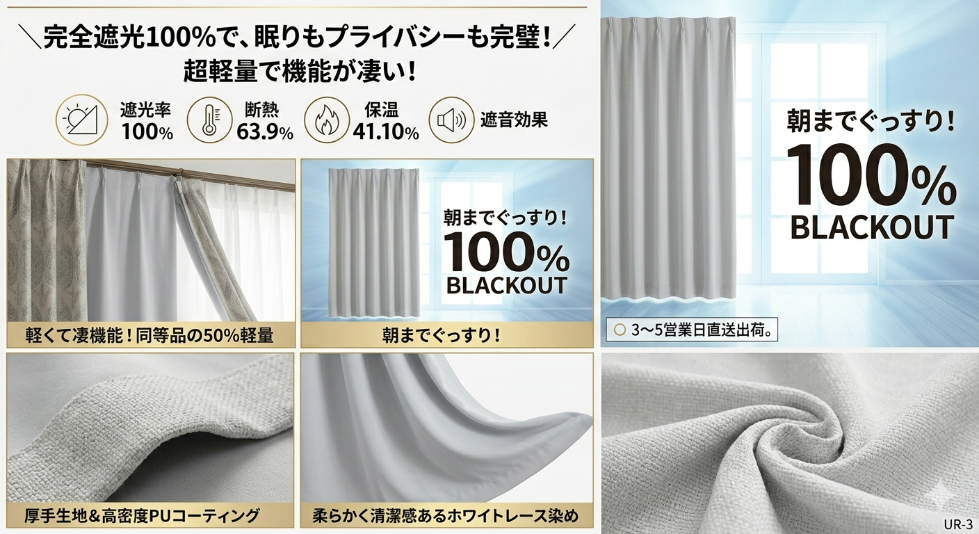 完全遮光100% 超軽量裏地ライナー（1セットから発注OK／在庫リスクなし／遮熱・保温・防音／画像提供あり）カスタマイズ可能UR3