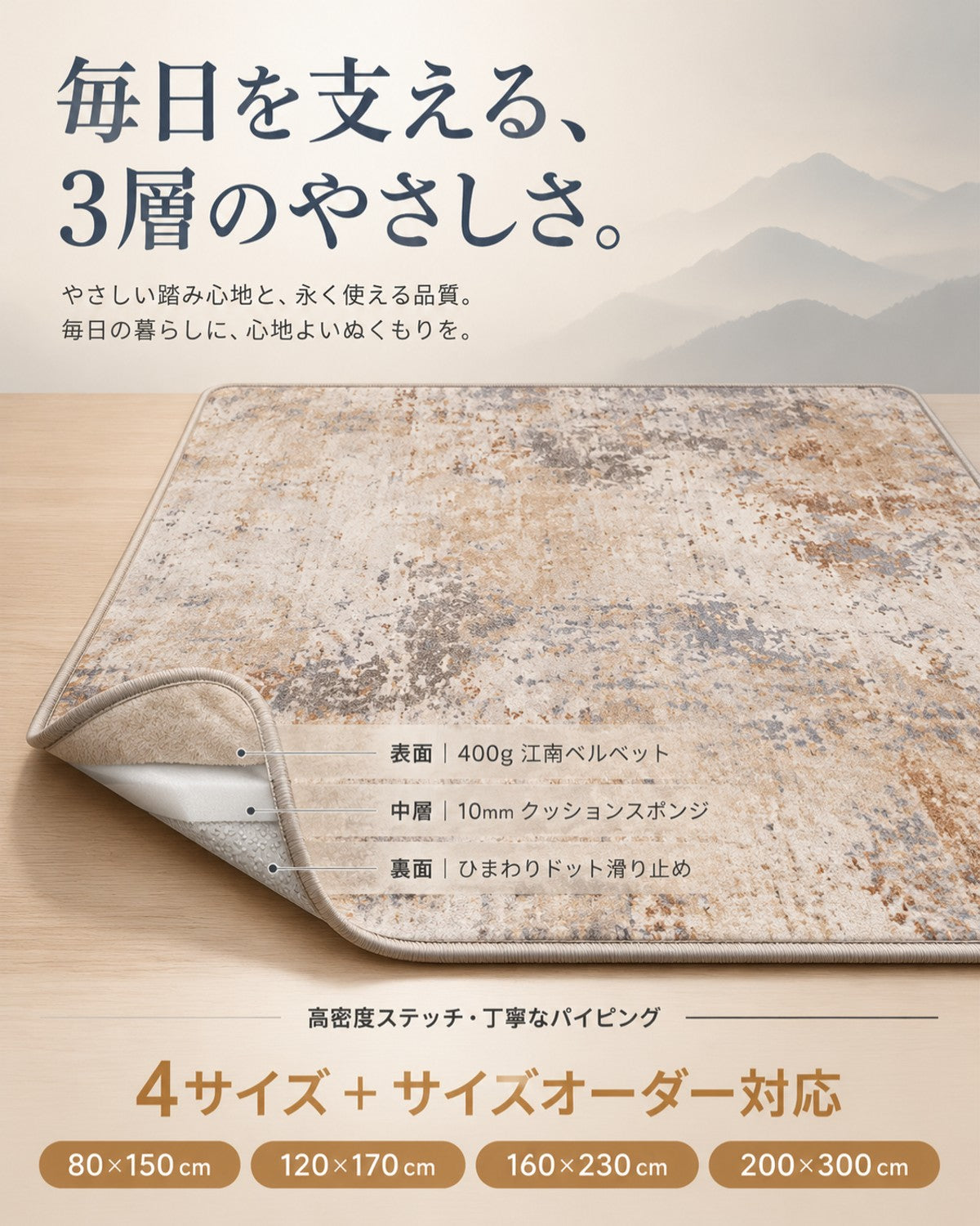 イエロー サンガ柄 フロアマット 420g 7mm 吸水 防滑 - 画像 5