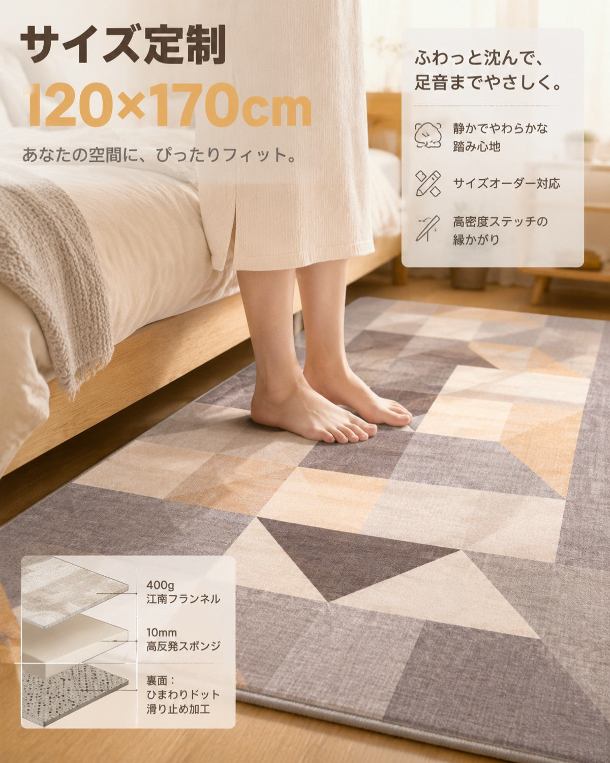 イエロー ジオメトリック柄 フロアマット 10mm 吸水 防滑 - 画像 5