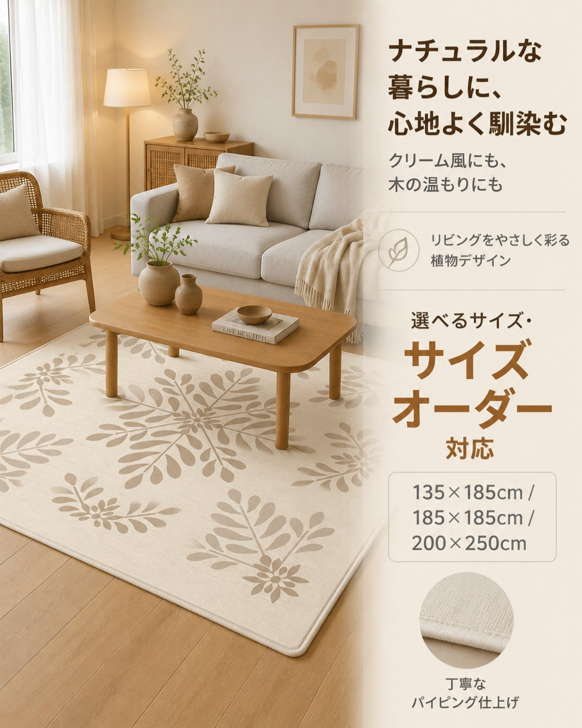 ベージュ ボタニカル柄 フロアマット 3mm 吸水 防滑 - 画像 7