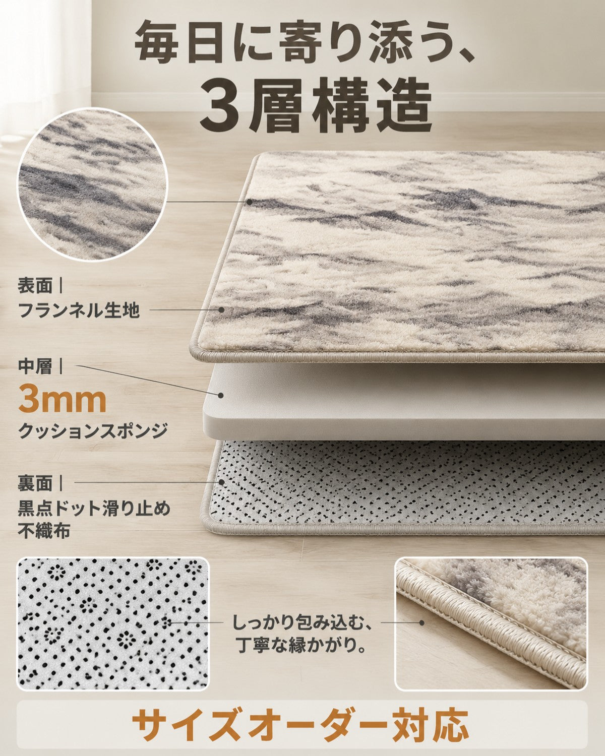 ベージュ ノルディック柄 フロアマット 3mm 吸水 防滑 - 画像 6