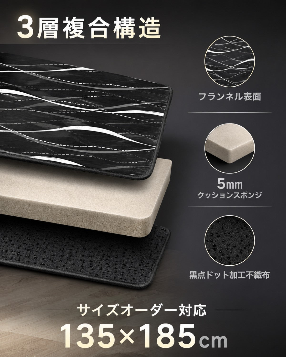 ブラック ウェーブ柄 フロアマット 5mm 吸水 防滑 - 画像 5