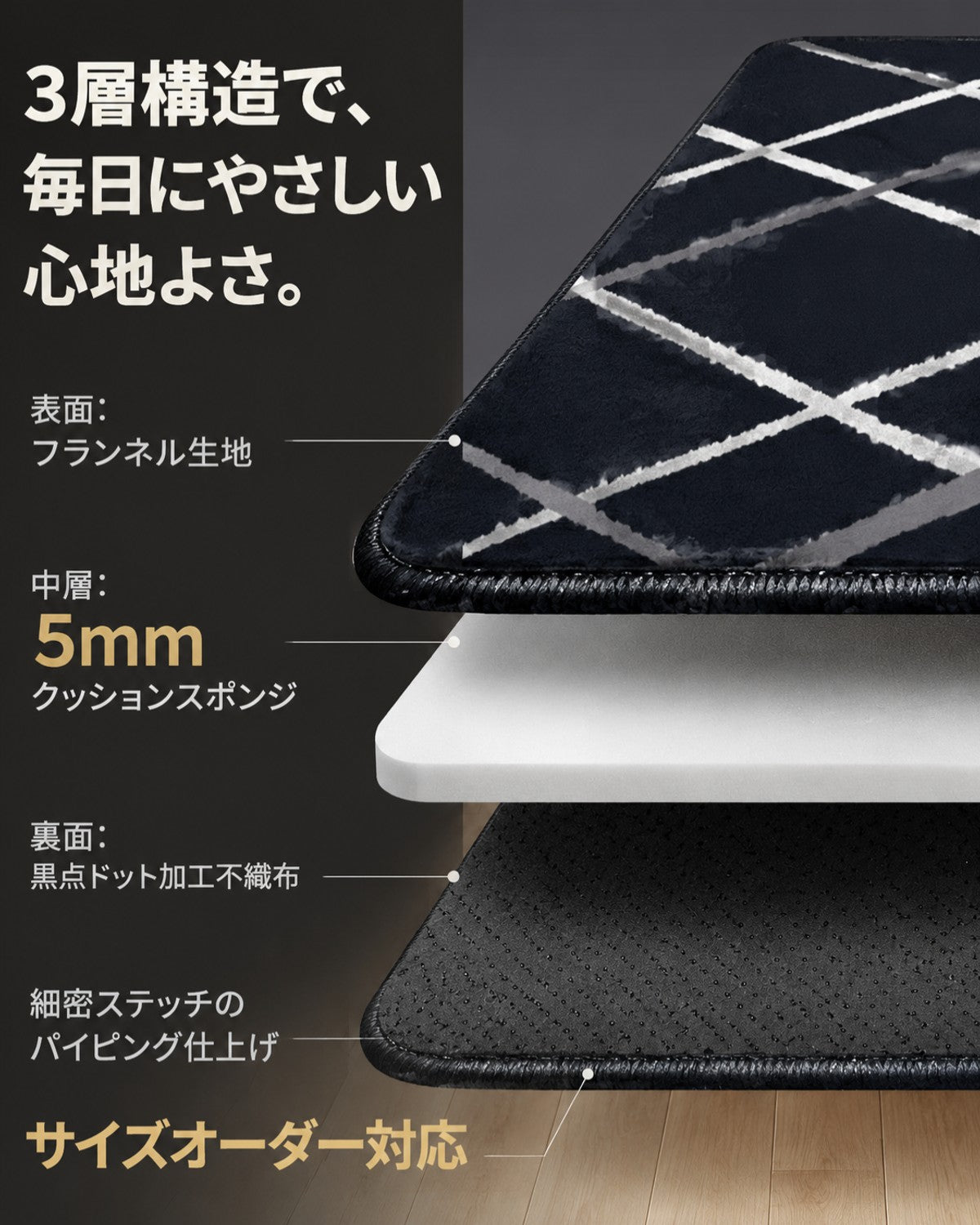 ブラック ストライプ柄 フロアマット 5mm 吸水 防滑 - 画像 4