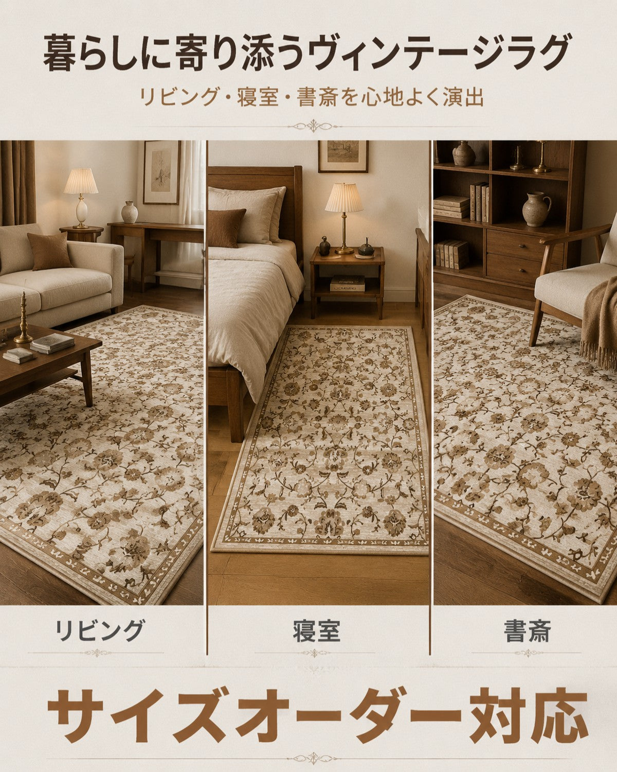 ブラウン レトロ花柄 フロアマット 20mm 吸水 防滑 - 画像 7