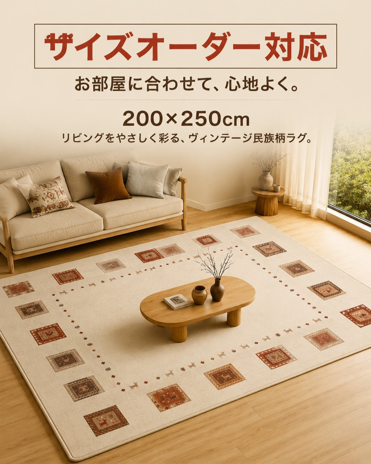 ベージュ エスニック柄 フロアマット 30mm 吸水 防滑 - 画像 2