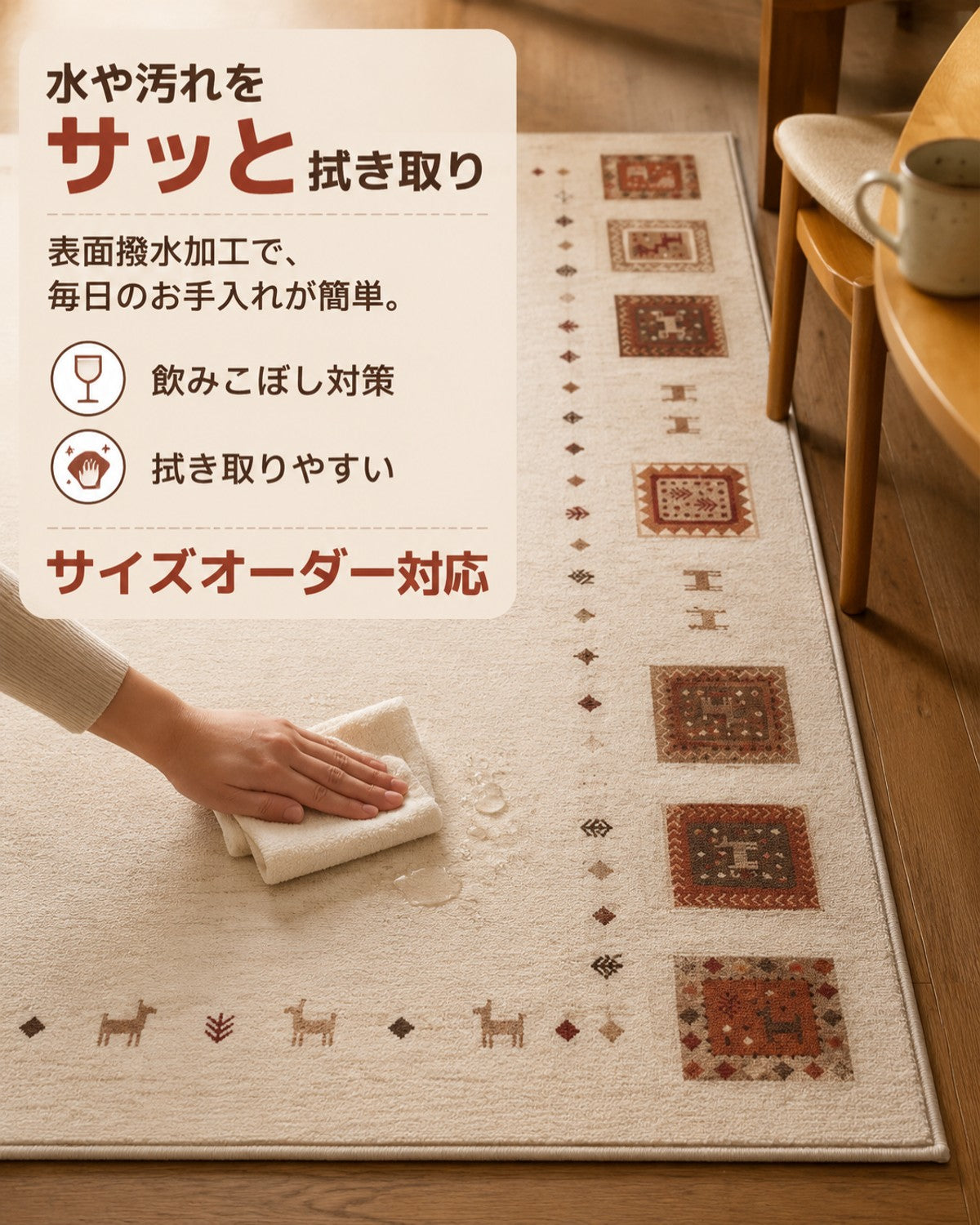 ベージュ エスニック柄 フロアマット 30mm 吸水 防滑 - 画像 4