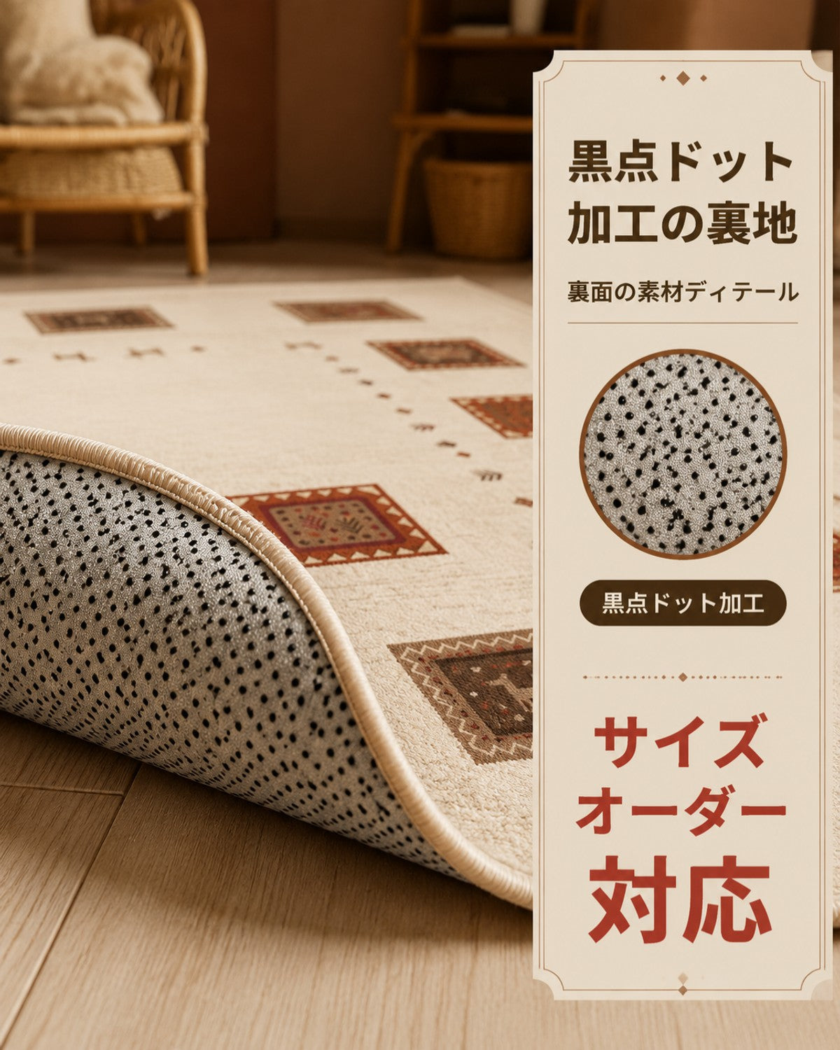 ベージュ エスニック柄 フロアマット 30mm 吸水 防滑 - 画像 6