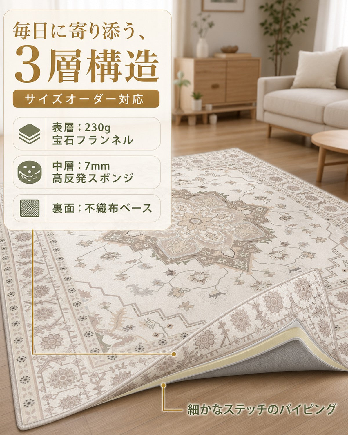 ベージュ レトロ花柄 フロアマット 7mm 吸水 防滑 - 画像 4