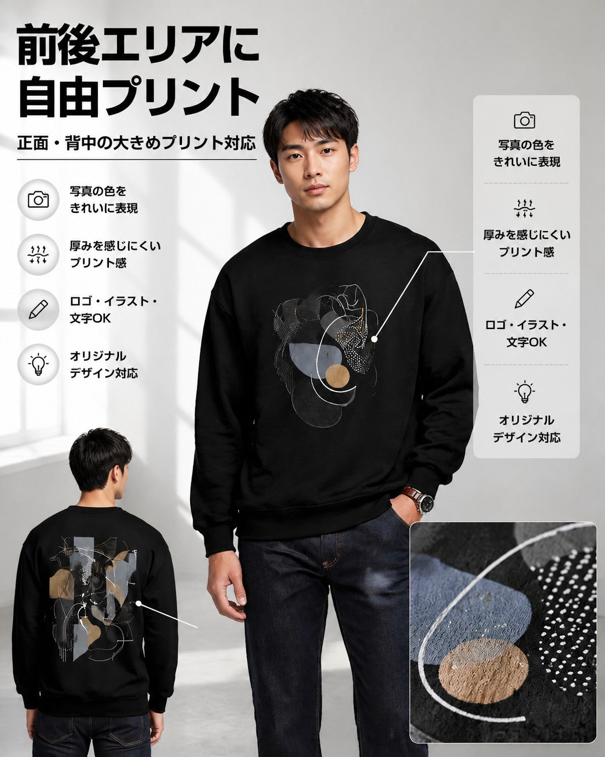 300g 厚手無地クルーネックスウェットシャツ（男女兼用）S-3XL 前後DIYプリントカスタマイズ可能 ゆったりとしたドロップショルダーの無地スウェットシャツ 写真・ロゴ・柄の熱転写 作業着・チームウェア