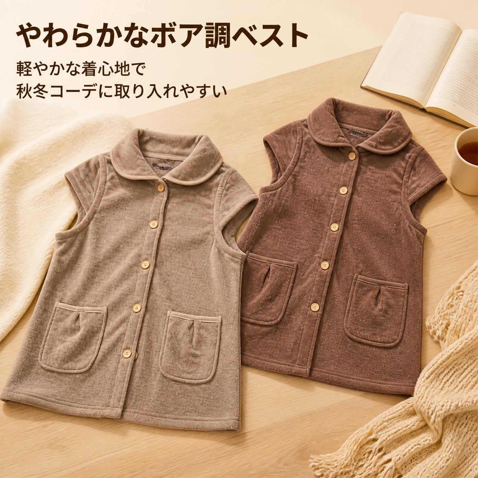 秋冬用コーラルフリース ラペル付きベスト（レディース） 両面一体型フリース ノースリーブベスト 室内・外出用 保温性抜群のフロントオープンベスト