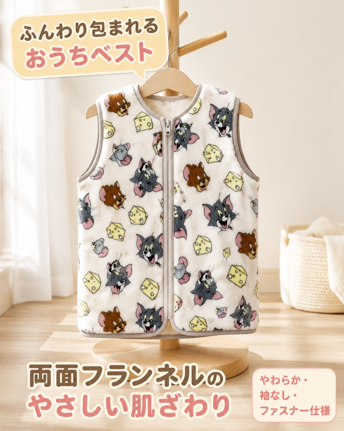 トムとジェリー チーズ柄 キッズジップアップベスト - 画像1
