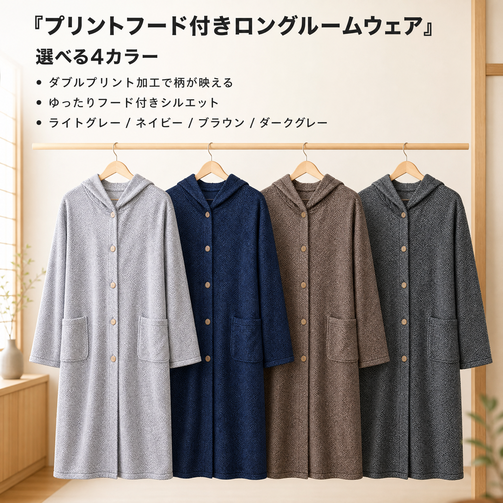 厚手フランネル フード付きロングガウン　和風無地 ゆったりフロントボタン式ルームウェア　秋冬用保温性抜群の両面コーラルフリース ルームウェア 4色展開