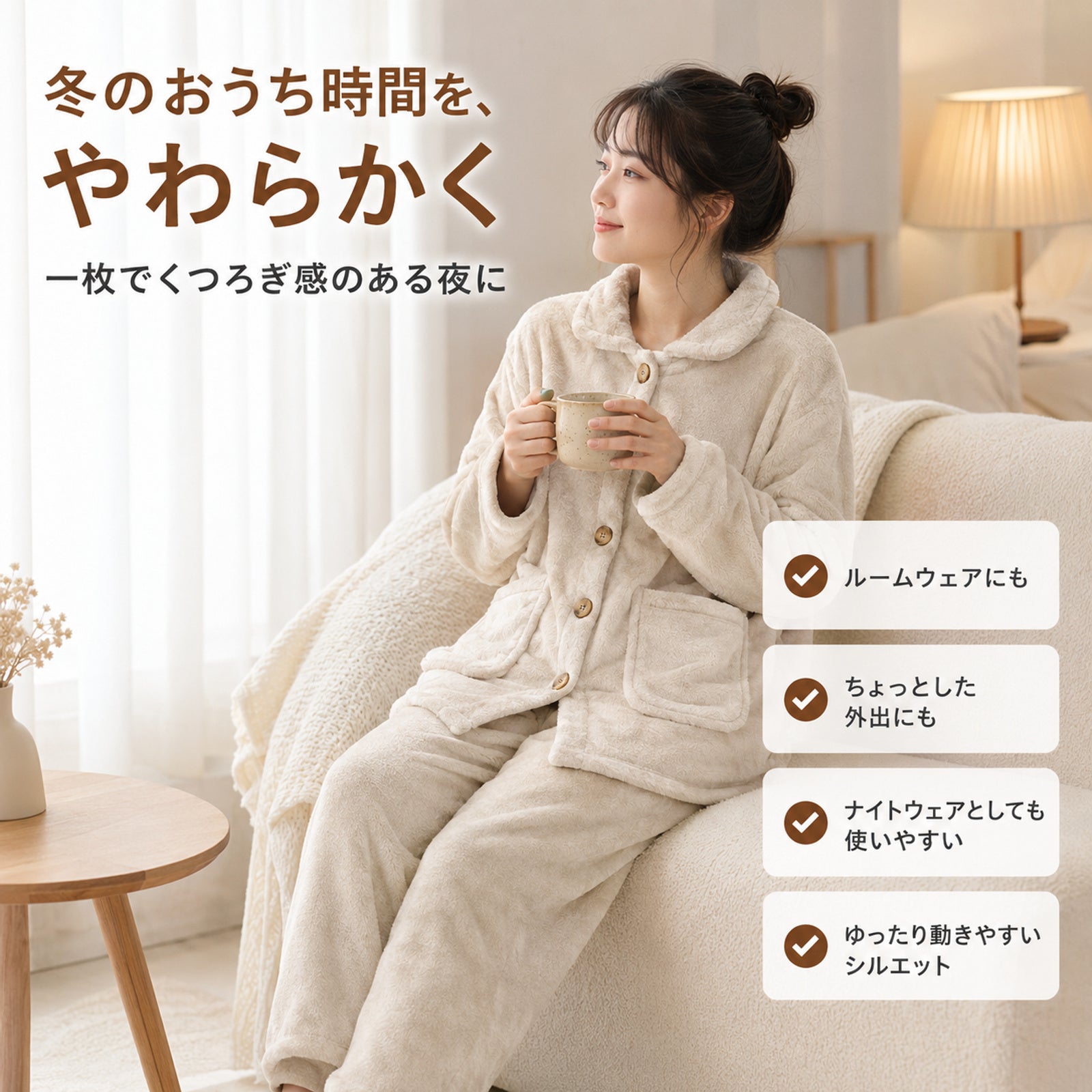 秋冬用フランネル風コーラルフリースパジャマセット 男女兼用・厚手・保温性抜群のカーディガン付きルームウェア ゆったりシルエットで外出着としても使える2点セット