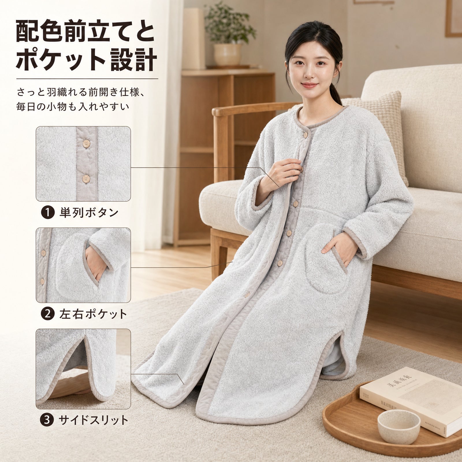ロング丈ラウンドネック 女性用ロングパジャマ カラーブロック縁取り フロントボタン 厚手フリース素材 室内用カーディガン 膝下丈 外出用としても使えるバスローブ