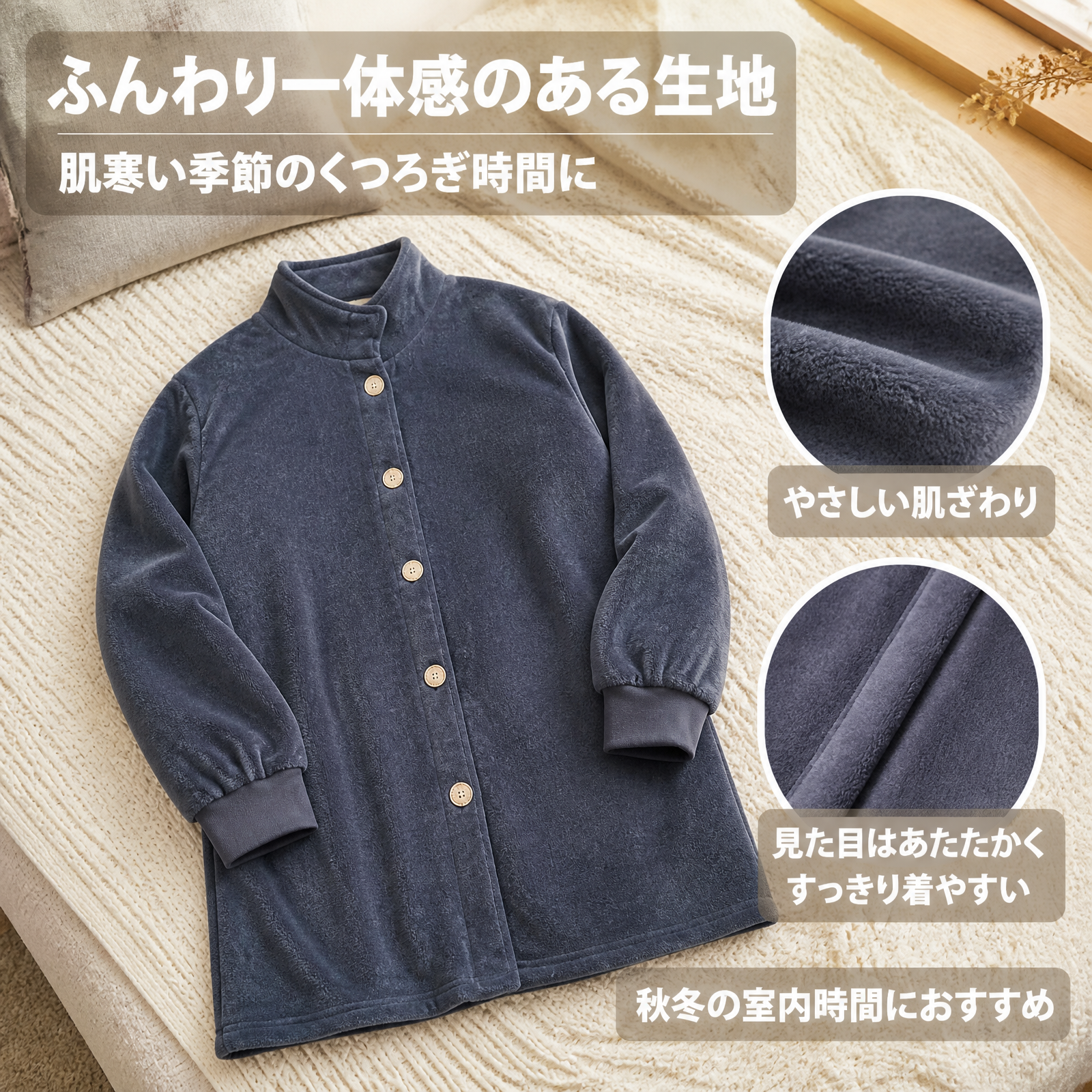 秋冬用スタンドカラーコーラルフリースミドル丈ルームウェア 厚手フランネル前開きボタン付きルーズフィットルームウェア 外出用としても使える保温性抜群のルームウェア