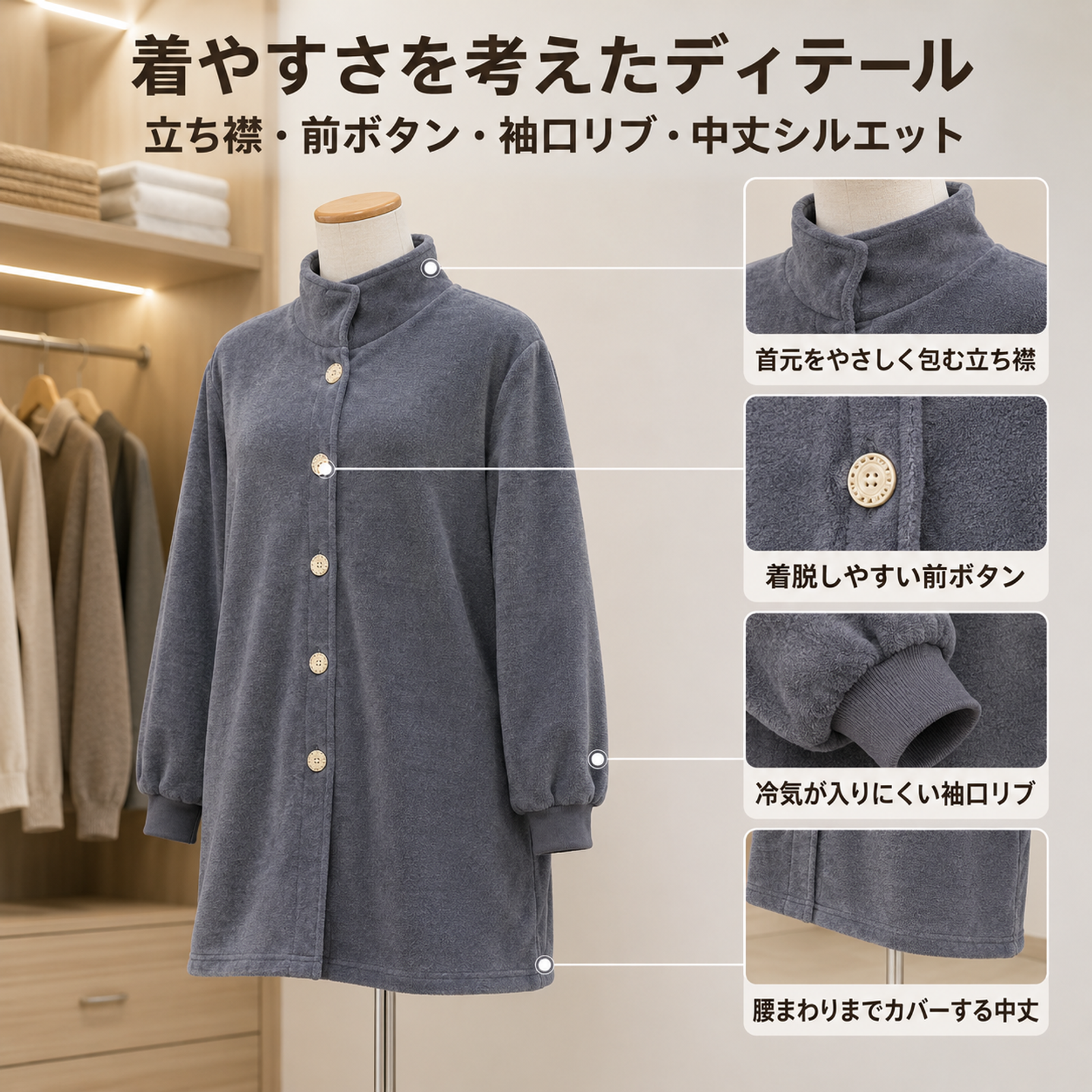秋冬用スタンドカラーコーラルフリースミドル丈ルームウェア 厚手フランネル前開きボタン付きルーズフィットルームウェア 外出用としても使える保温性抜群のルームウェア