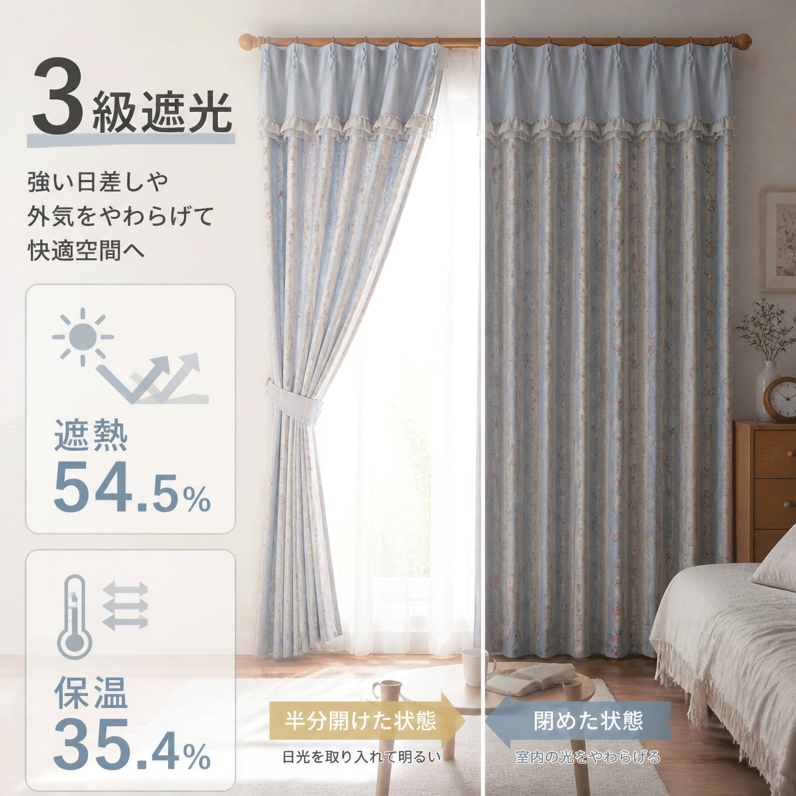 レースカーテン フリル付き おしゃれ 姫系 UVカット85％ 遮像 遮熱 保温 タッセル付き アジャスターフック対応 36サイズ展開 日本向け カスタマイズ可能 R43