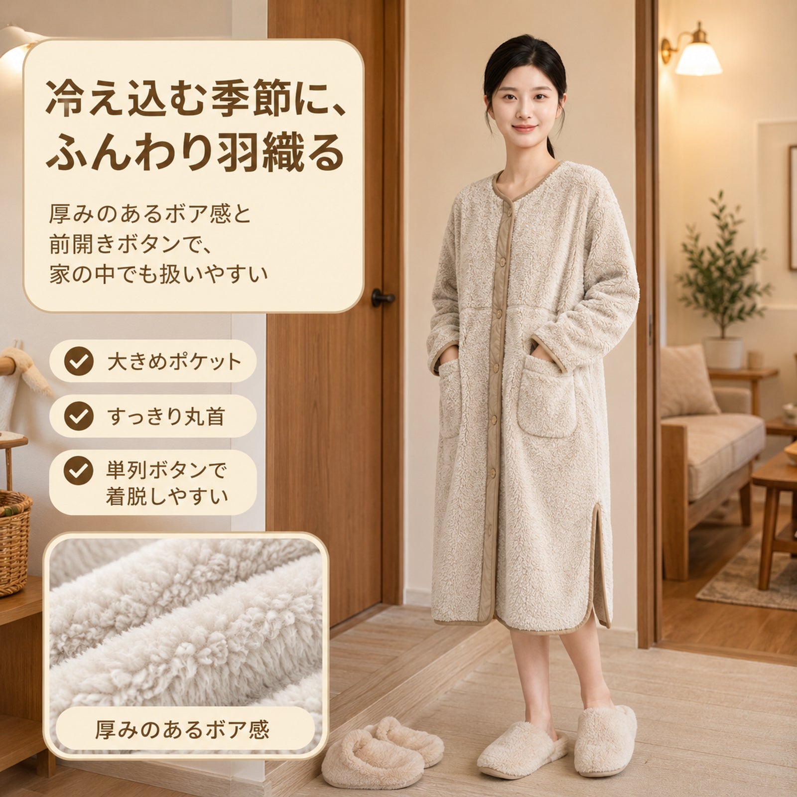 ロング丈ラウンドネック 女性用ロングパジャマ カラーブロック縁取り フロントボタン 厚手フリース素材 室内用カーディガン 膝下丈 外出用としても使えるバスローブ