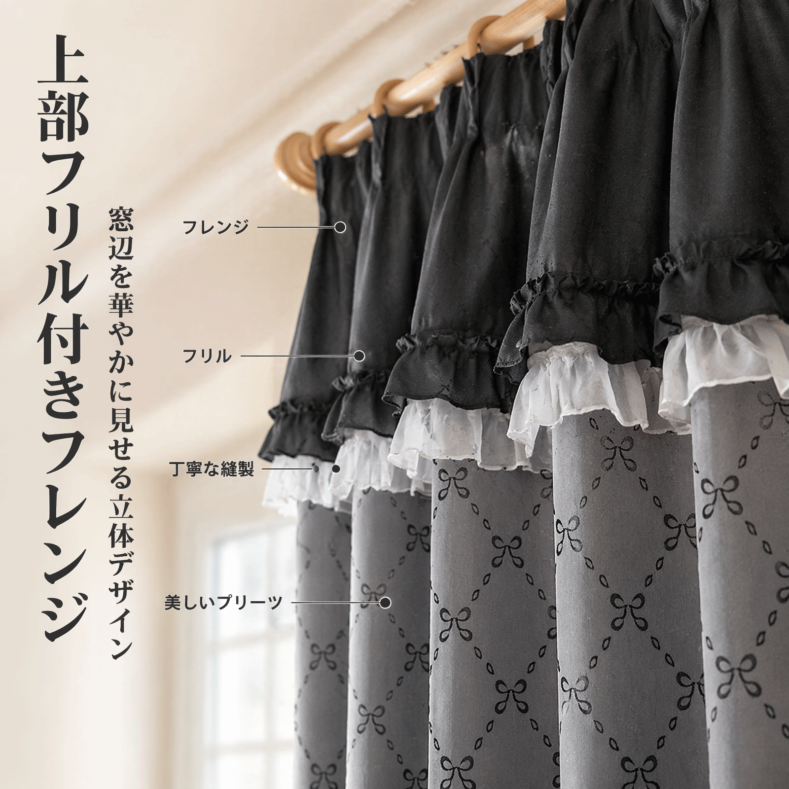 【3級遮光・遮熱・保温】フリルデザイン ドレープカーテン おしゃれなタッセル付き グレー/ピンク 1セット販売 防音 断熱 アジャスターフック付き