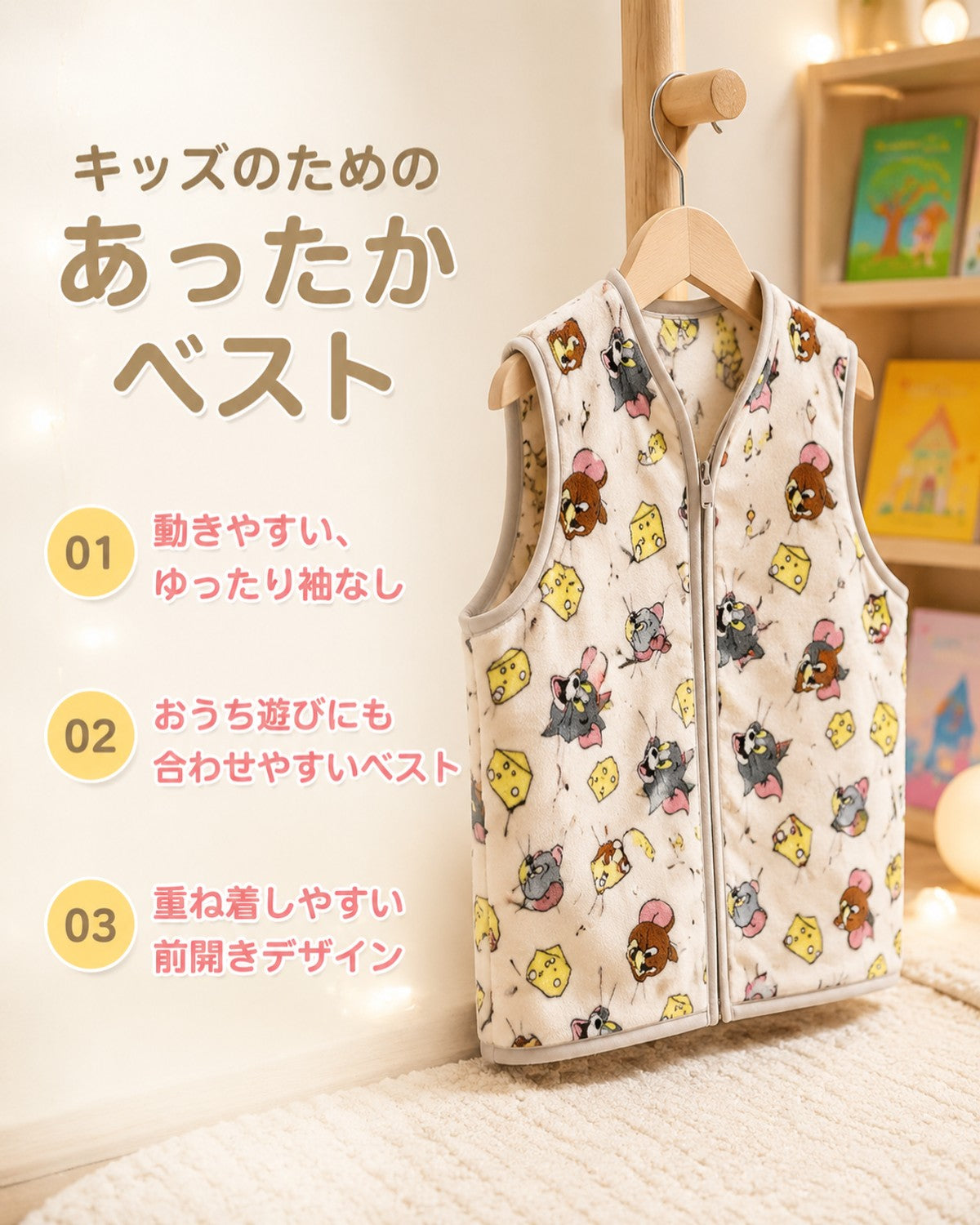 トムとジェリー チーズ柄 キッズジップアップベスト - 画像5