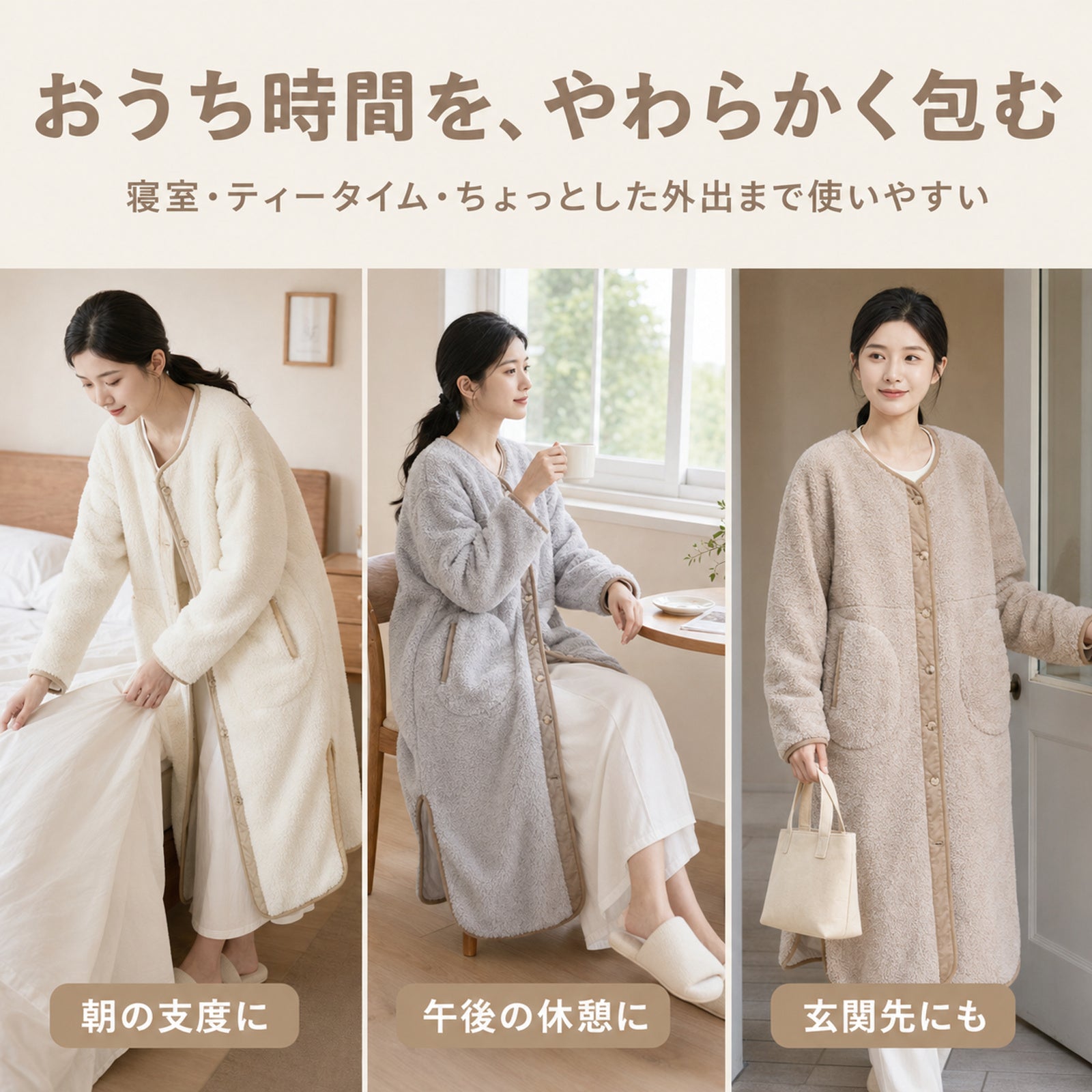 ロング丈ラウンドネック 女性用ロングパジャマ カラーブロック縁取り フロントボタン 厚手フリース素材 室内用カーディガン 膝下丈 外出用としても使えるバスローブ