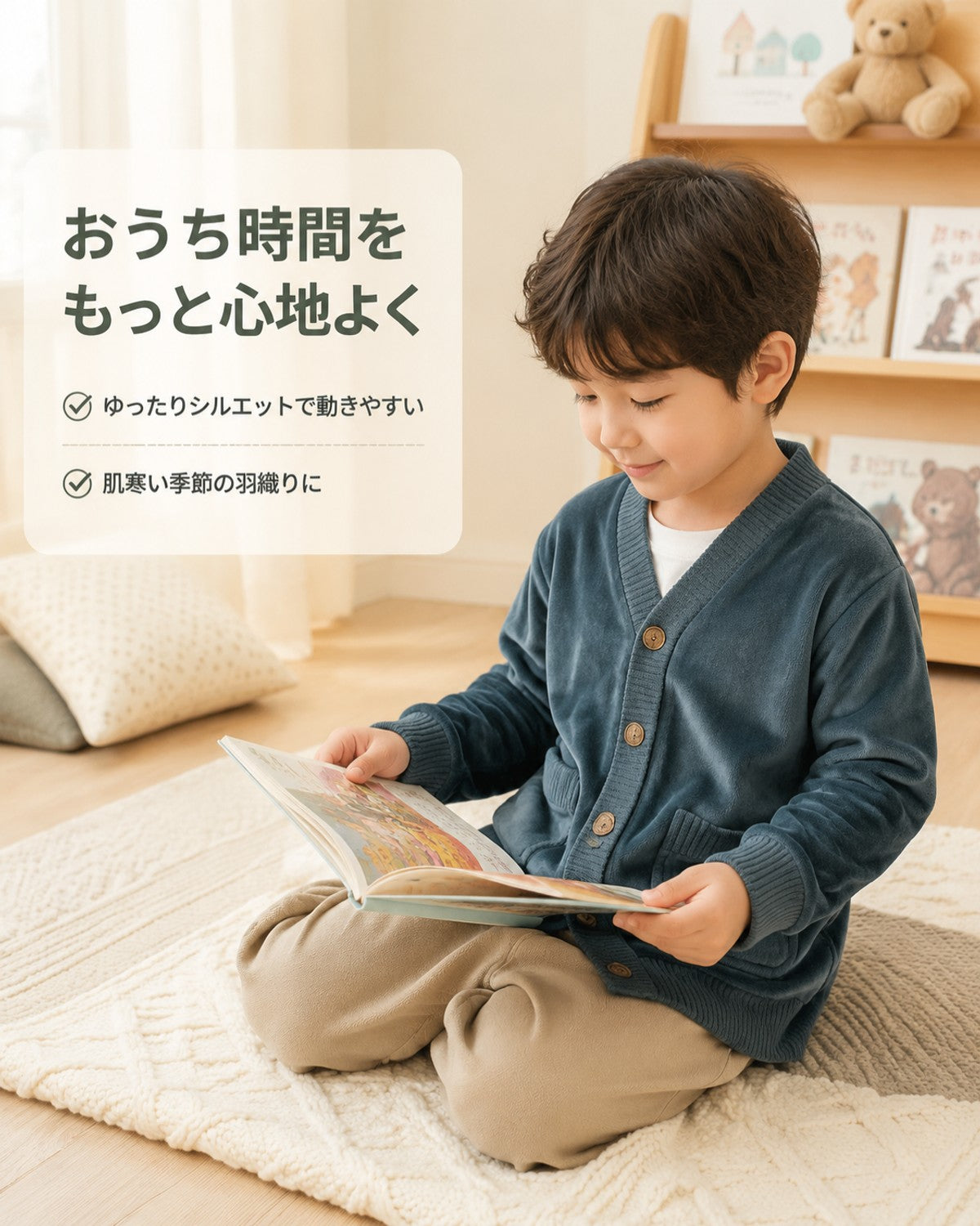 無地グレーグリーン Vネックボタンリブ編パジャマ レディース - 画像5