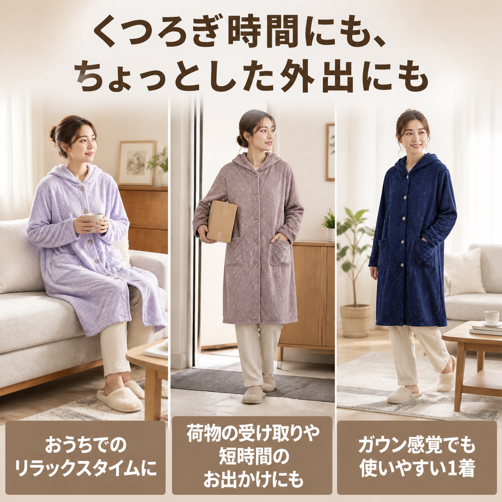 厚手フランネル フード付きロングガウン　和風無地 ゆったりフロントボタン式ルームウェア　秋冬用保温性抜群の両面コーラルフリース ルームウェア 4色展開