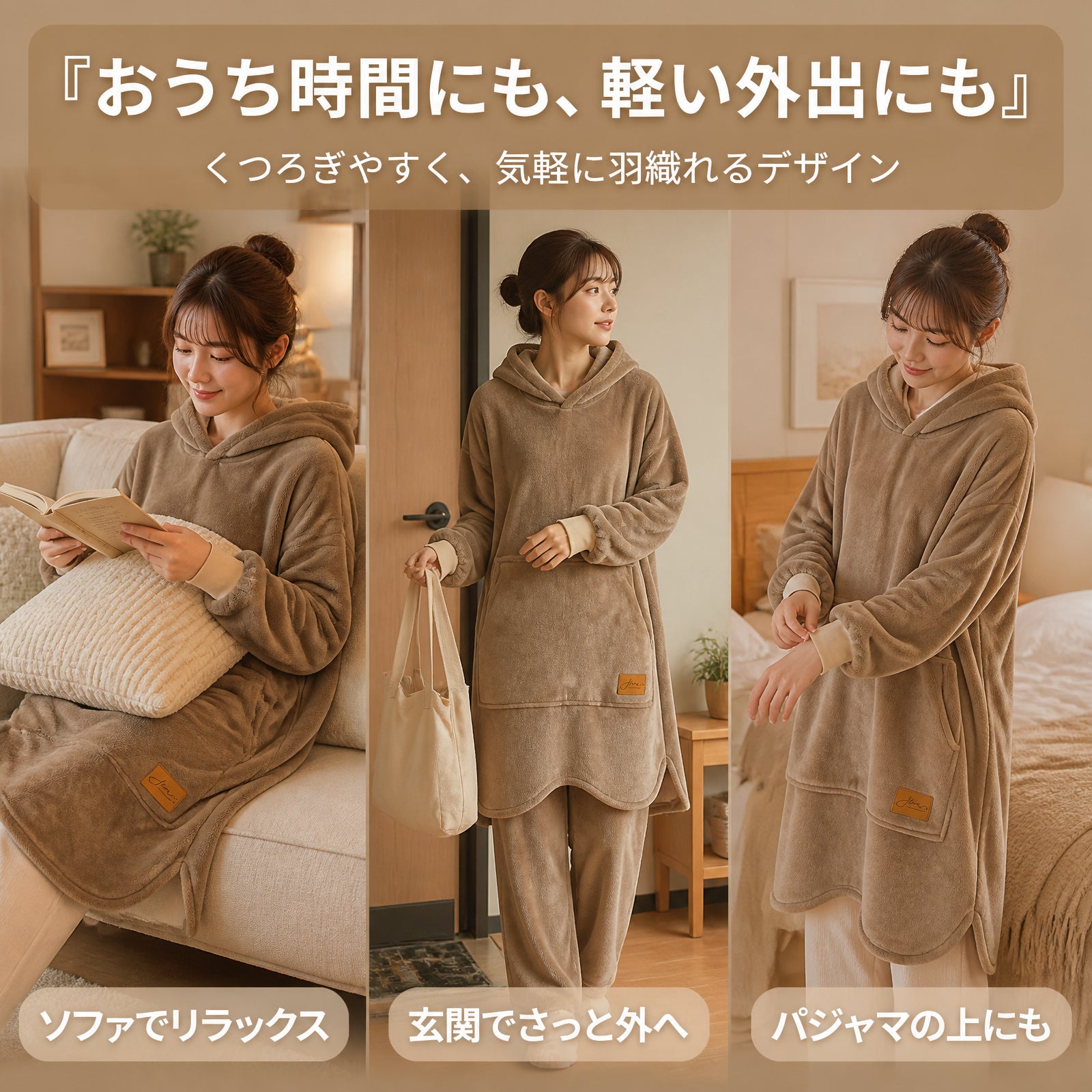 両面フリース素材のフード付きミディアム丈ナイトガウン（レディース）　表地はフランネル、裏地はラムズウールを使用したゆったりとしたスウェット風ルームドレス　秋冬に最適な保温性抜群の着回し可能なルームウェア