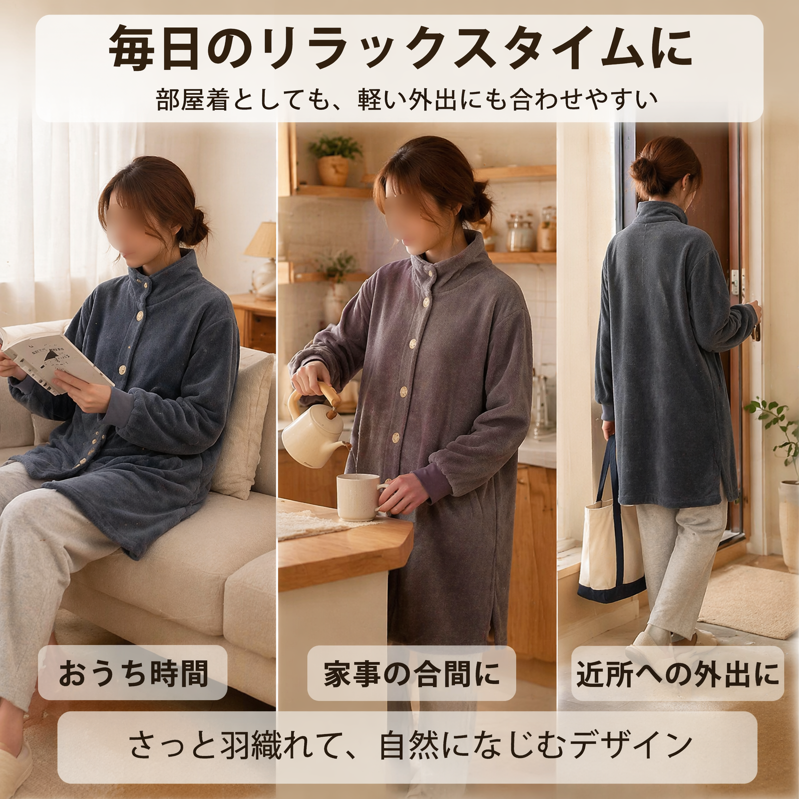 秋冬用スタンドカラーコーラルフリースミドル丈ルームウェア 厚手フランネル前開きボタン付きルーズフィットルームウェア 外出用としても使える保温性抜群のルームウェア