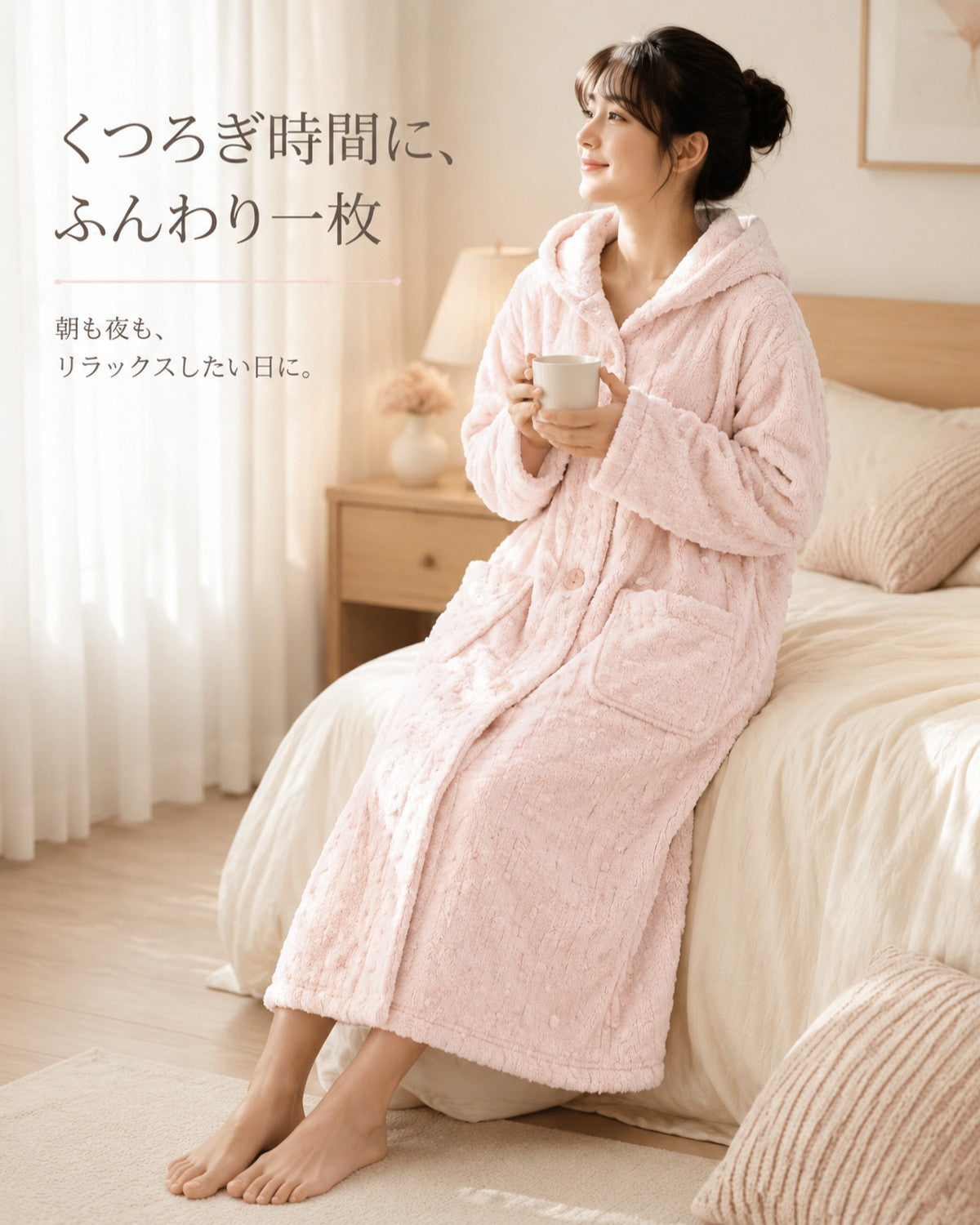 ドット風ジャガード ふわふワ パジャマ レディース フード付き - 画像5