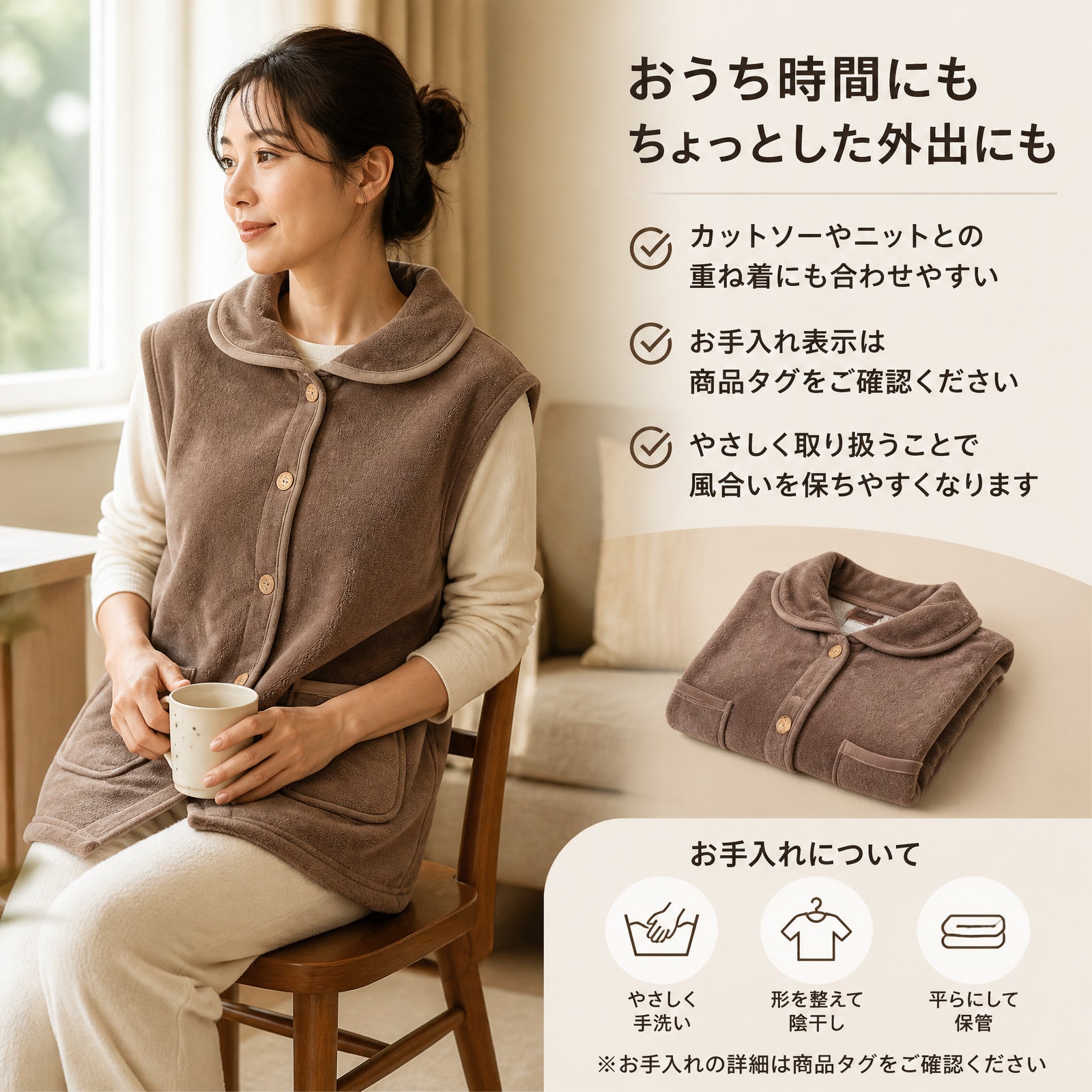 秋冬用コーラルフリース ラペル付きベスト（レディース） 両面一体型フリース ノースリーブベスト 室内・外出用 保温性抜群のフロントオープンベスト