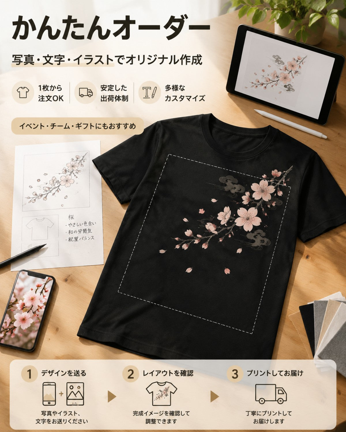 200g 厚手オーダーメイドプリントTシャツ 日本風桜柄 半袖 男女兼用 S-3XL 黒・白の2色 写真・文字・イラストのプリント可能 チームイベントの記念品に最適な万能ベーシックアイテム