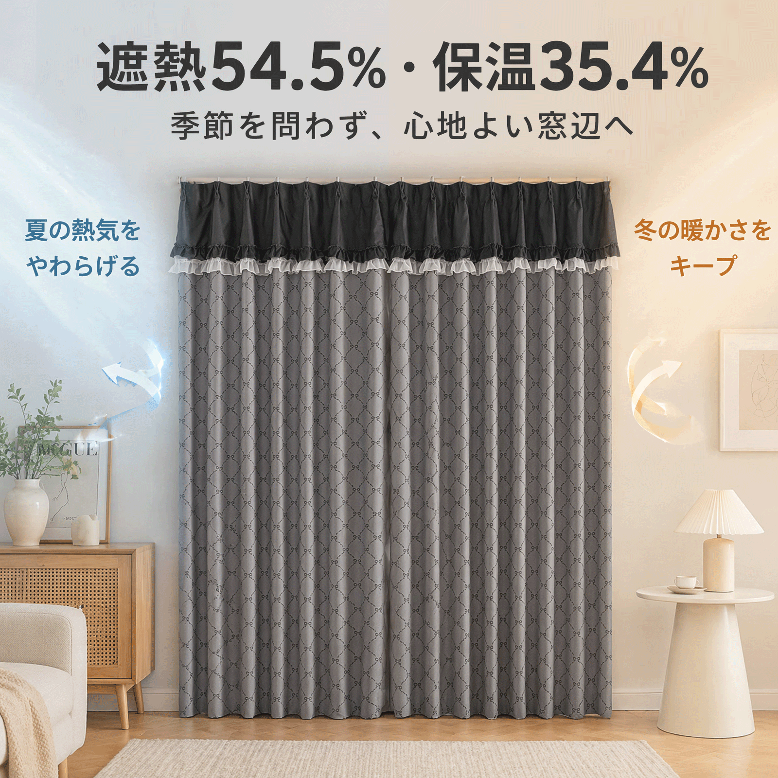 【3級遮光・遮熱・保温】フリルデザイン ドレープカーテン おしゃれなタッセル付き グレー/ピンク 1セット販売 防音 断熱 アジャスターフック付き