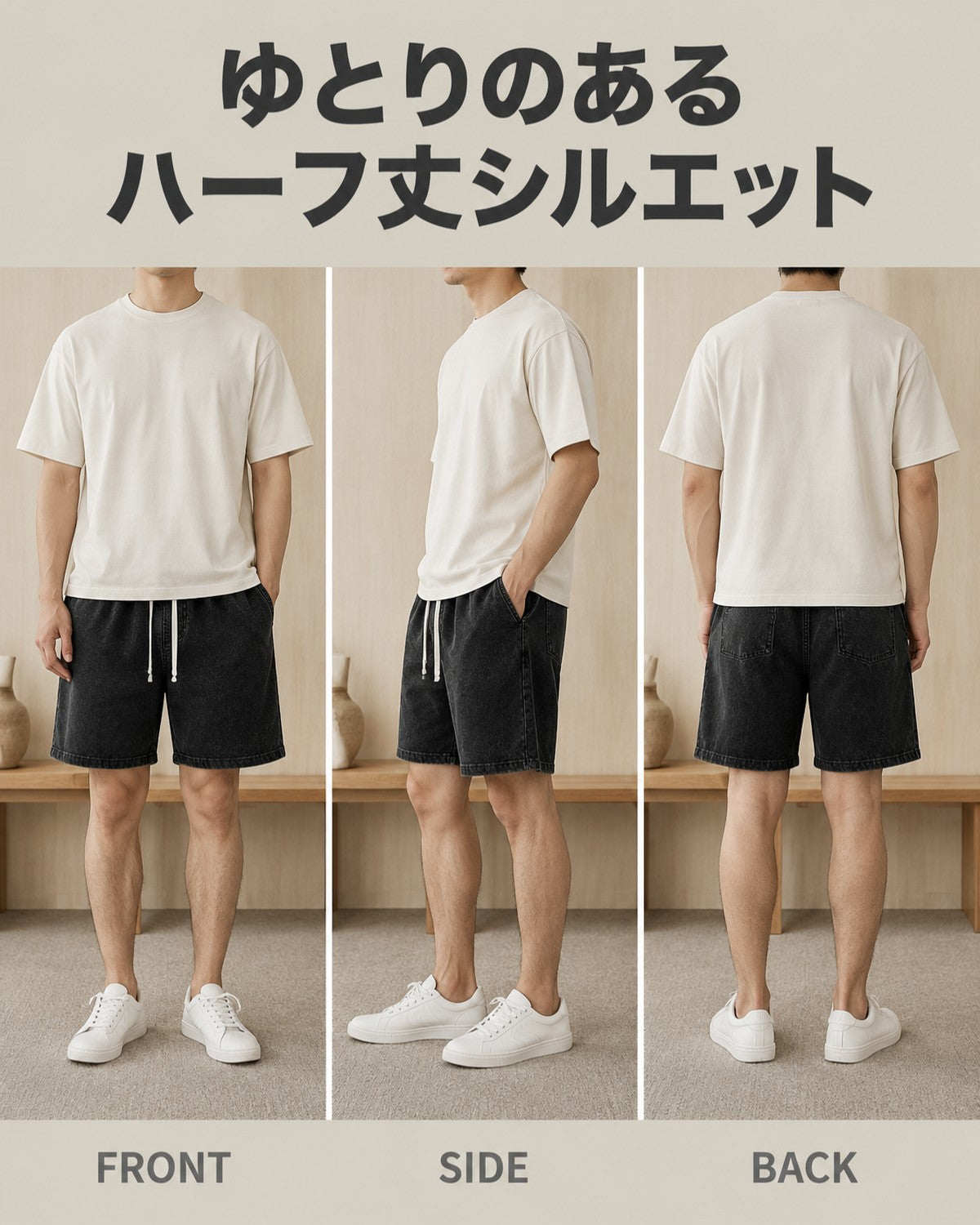 230G コットン ウォッシュド リラックスフィット ドローコード 五分丈ショーツ 2603 - 画像 3